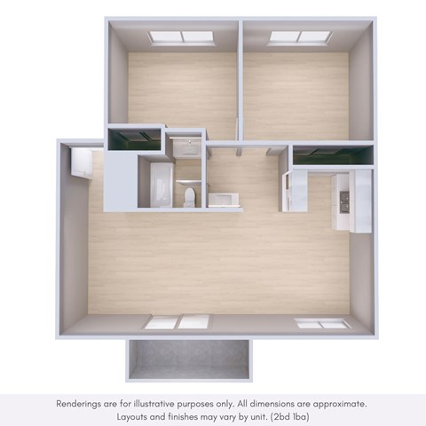 Floor plan for 2 beds, 1 bath, 852 sqft